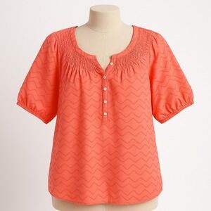 LOFT Coral 100% Cotton Smocked V Neck Button Blouse Top M Peasant Boho Prarie
